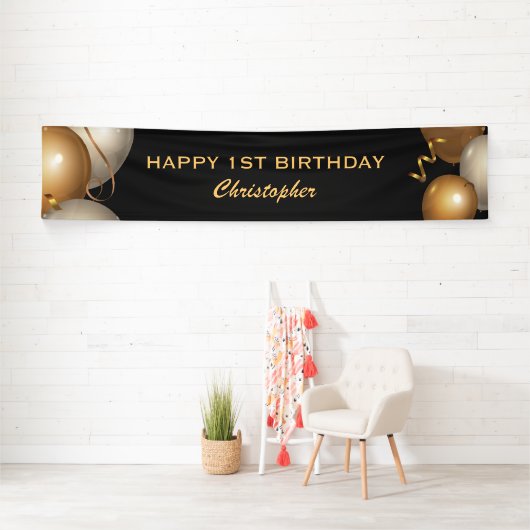 1e verjaardag Zwarte en gouden ballonnen Spandoek (Insitu)