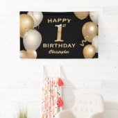 1e verjaardag Zwarte en gouden ballonnen Spandoek (Insitu)