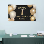 1e verjaardag Zwarte en gouden ballonnen Spandoek (Beurs)