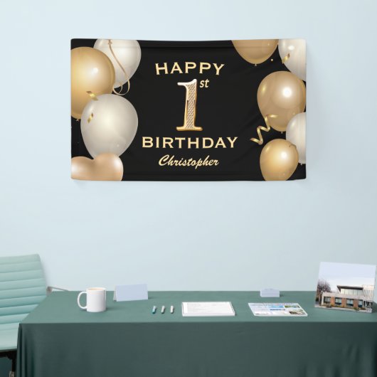 1e verjaardag Zwarte en gouden ballonnen Spandoek (Beurs)