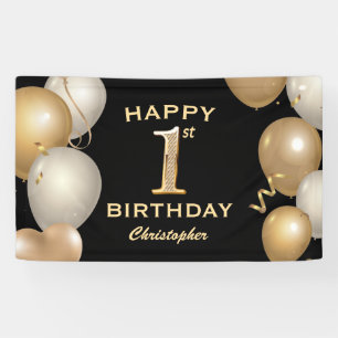 1e verjaardag Zwarte en gouden ballonnen Spandoek