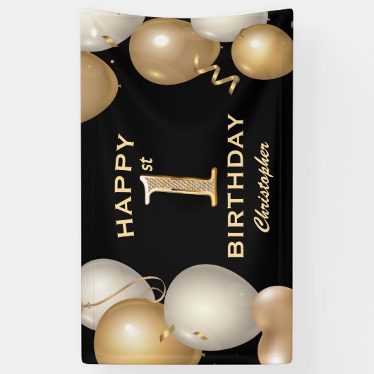 1e verjaardag Zwarte en gouden ballonnen Spandoek (Verticaal)