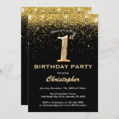 1e verjaardag zwarte en goudglitter-Confetti Kaart (Voorkant / Achterkant)