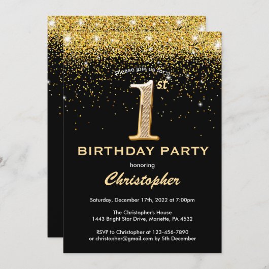 1e verjaardag zwarte en goudglitter-Confetti Kaart (Voorkant / Achterkant)