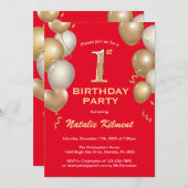 1e verjaardag Zwarte en Rode Glitter-ballonnen Kaart (Voorkant / Achterkant)