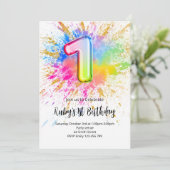 1e verjaardags regenboog verfspat uitnodiging (Staand voorkant)