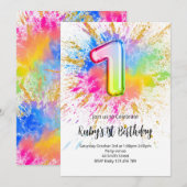 1e verjaardags regenboog verfspat uitnodiging (Voorkant / Achterkant)