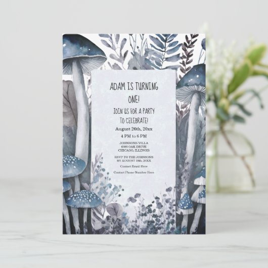 1e Verjaardagsfeest Blauwe Paddenstoelen Boho Boss Kaart (Staand voorkant)