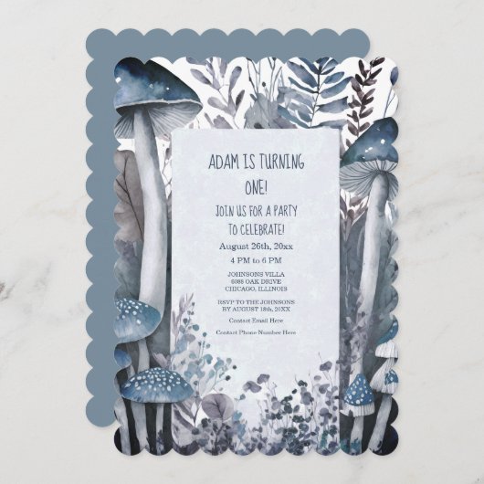 1e Verjaardagsfeest Blauwe Paddenstoelen Boho Boss Kaart (Voorkant / Achterkant)