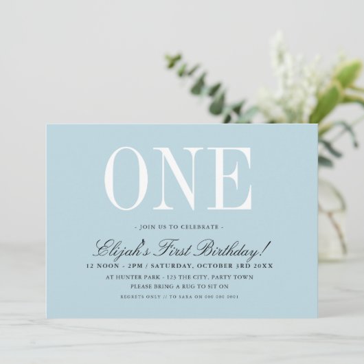 1e VERJAARDAGSFEEST elegante baby blauwe jongen ON Kaart (Staand voorkant)