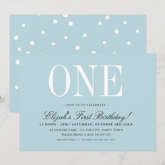 1e VERJAARDAGSFEEST elegante baby blauwe jongen ON Kaart (Voorkant / Achterkant)