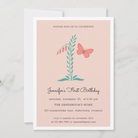 1e Verjaardagsfeest Floral Botanical Butterfly Boh Kaart (Voorkant)