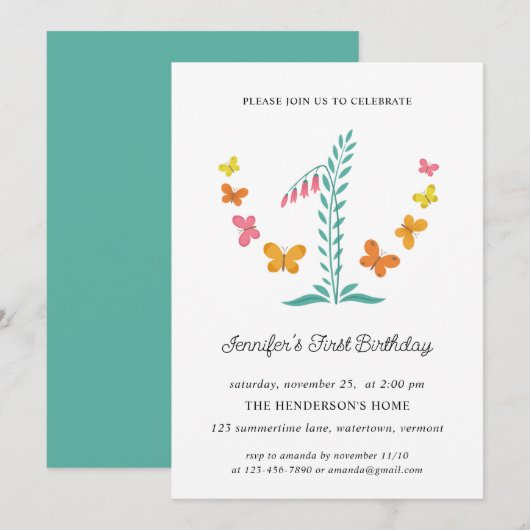 1e Verjaardagsfeest Floral Botanical Butterfly Kaart (Voorkant / Achterkant)