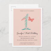 1e Verjaardagsfeest Floral Botanical Butterfly Uitnodiging Briefkaart (Voorkant / Achterkant)