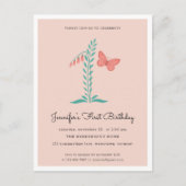 1e Verjaardagsfeest Floral Botanical Butterfly Uitnodiging Briefkaart (Voorkant)