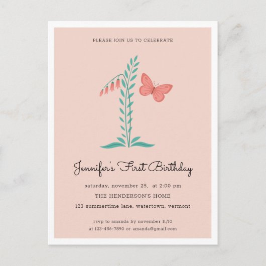 1e Verjaardagsfeest Floral Botanical Butterfly Uitnodiging Briefkaart (Voorkant)