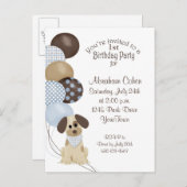 1e verjaardagsfeest met puppy en ballonnen uitnodiging briefkaart (Voorkant / Achterkant)