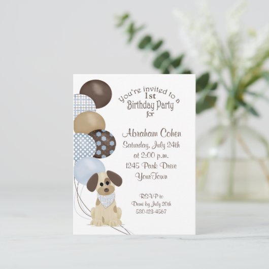 1e verjaardagsfeest met puppy en ballonnen uitnodiging briefkaart (Staand voorkant)
