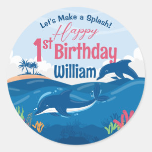 1e verjaardagsfeest met vrolijke dolfijnen vieren ronde sticker