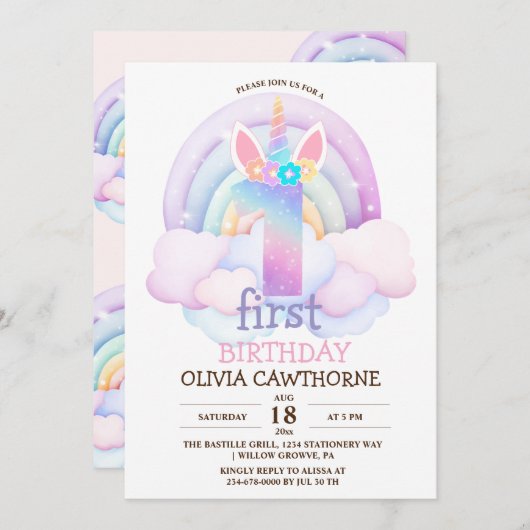 1e Verjaardagsfeest Rainbow Unicorn Kaart (Voorkant / Achterkant)