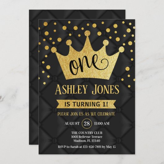 1e verjaardagsfeest - Royal Black Gold Kaart (Voorkant / Achterkant)