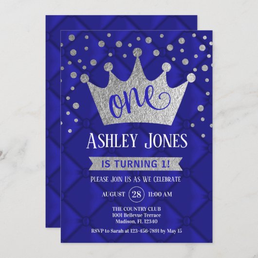 1e verjaardagsfeest - Royal Blue Silver Kaart (Voorkant / Achterkant)