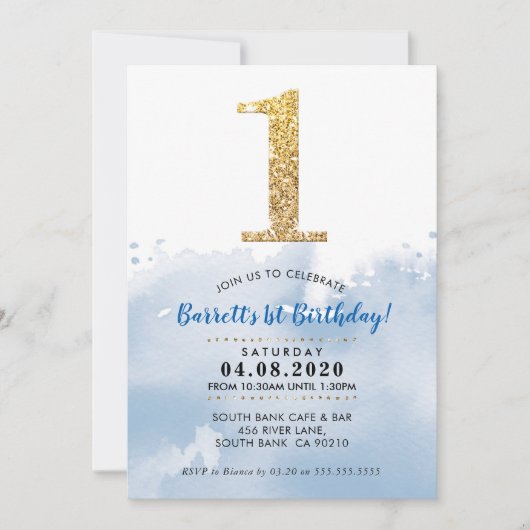 1E VERJAARDAGSFEEST UITNODIGEN modern goud glitter Kaart (Voorkant)