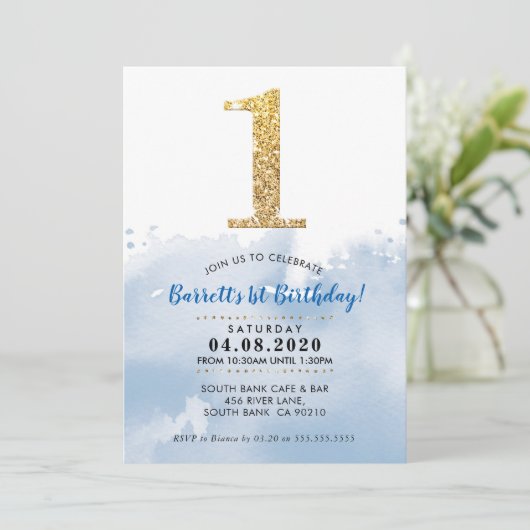 1E VERJAARDAGSFEEST UITNODIGEN modern goud glitter Kaart (Staand voorkant)