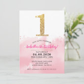 1E VERJAARDAGSFEEST UITNODIGEN modern goud glitter Kaart (Staand voorkant)