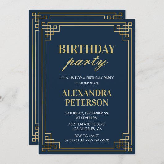 1e verjaardagsfeest uitnodiging Navy Gold (Voorkant / Achterkant)