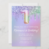 1e verjaardagsfeest uitnodiging paars roze glitter (Voorkant)