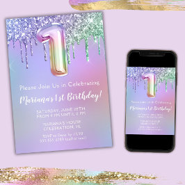 1e verjaardagsfeest uitnodiging paars roze glitter