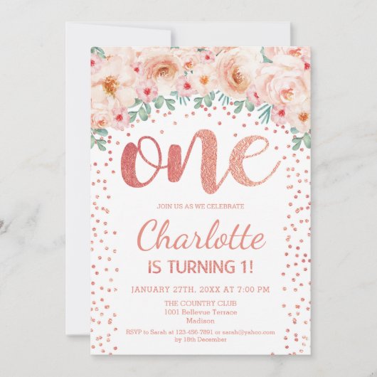 1e verjaardagsfeest - White Rose Gold Kaart (Voorkant)