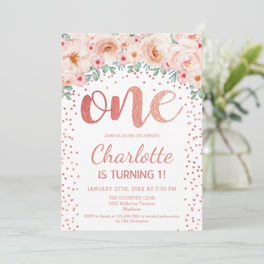 1e verjaardagsfeest - White Rose Gold Kaart (Staand voorkant)