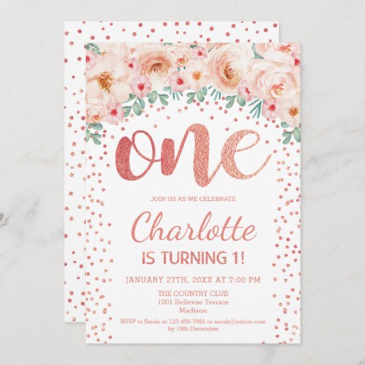 1e verjaardagsfeest - White Rose Gold Kaart (Voorkant / Achterkant)