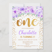 1e verjaardagsfeest - Wit Goud Paarse Kaart (Voorkant)