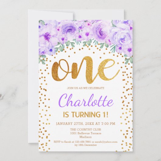 1e verjaardagsfeest - Wit Goud Paarse Kaart (Voorkant)