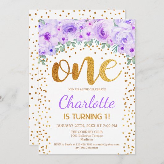1e verjaardagsfeest - Wit Goud Paarse Kaart (Voorkant / Achterkant)