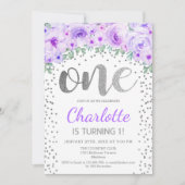 1e verjaardagsfeest - Wit Zilver Paarse Kaart (Voorkant)