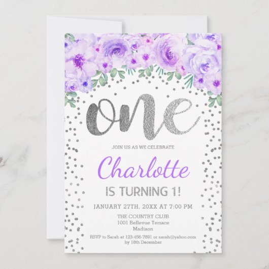 1e verjaardagsfeest - Wit Zilver Paarse Kaart (Voorkant)