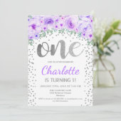 1e verjaardagsfeest - Wit Zilver Paarse Kaart (Staand voorkant)