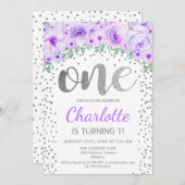 1e verjaardagsfeest - Wit Zilver Paarse Kaart (Voorkant / Achterkant)