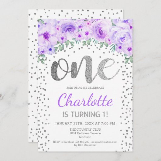 1e verjaardagsfeest - Wit Zilver Paarse Kaart (Voorkant / Achterkant)