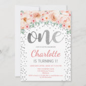 1e Verjaardagsfeest - Wit Zilver Roze Kaart (Voorkant)