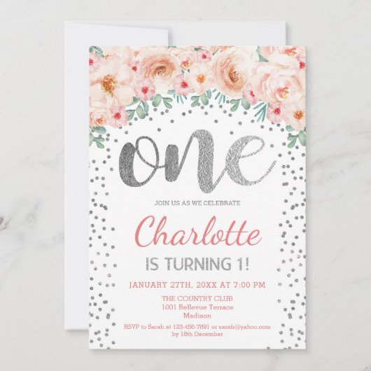 1e Verjaardagsfeest - Wit Zilver Roze Kaart (Voorkant)