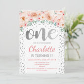 1e Verjaardagsfeest - Wit Zilver Roze Kaart (Staand voorkant)