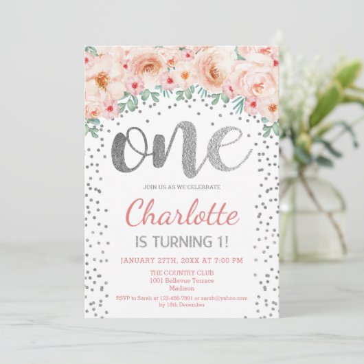 1e Verjaardagsfeest - Wit Zilver Roze Kaart (Staand voorkant)