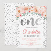 1e Verjaardagsfeest - Wit Zilver Roze Kaart (Voorkant / Achterkant)