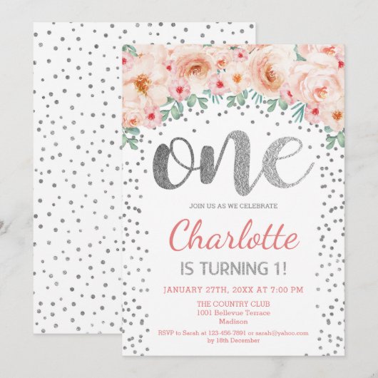 1e Verjaardagsfeest - Wit Zilver Roze Kaart (Voorkant / Achterkant)