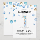 1e Verjaardagsfeestje, Blauw en Gouden Ballon Jong Kaart (Voorkant / Achterkant)